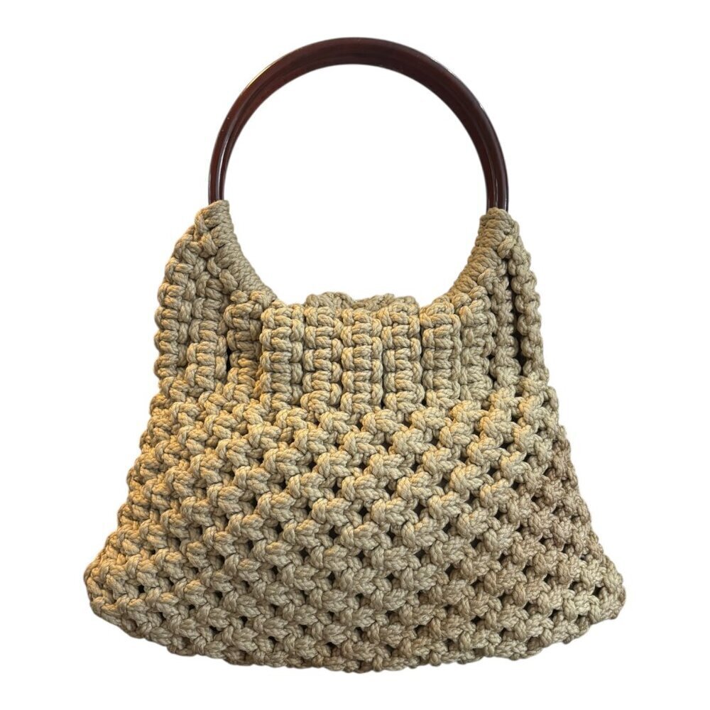 Vintage Handmade Cream/Tan Macramé Hobo Bag with Wooden Accents - Picture 3 of 5